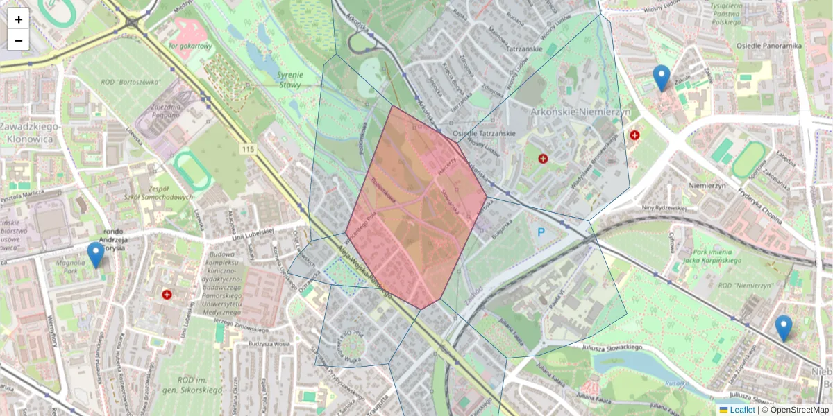 Szczegółowa mapa kodu pocztowego 71-342 z granicami, sąsiednimi kodami pocztowymi i urzędami pocztowymi