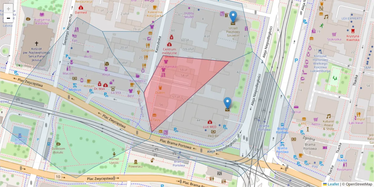 Szczegółowa mapa kodu pocztowego 71-402 z granicami, sąsiednimi kodami pocztowymi i urzędami pocztowymi
