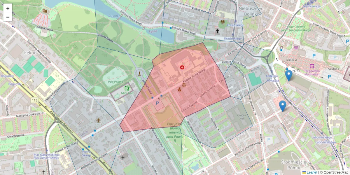 Szczegółowa mapa kodu pocztowego 71-422 z granicami, sąsiednimi kodami pocztowymi i urzędami pocztowymi