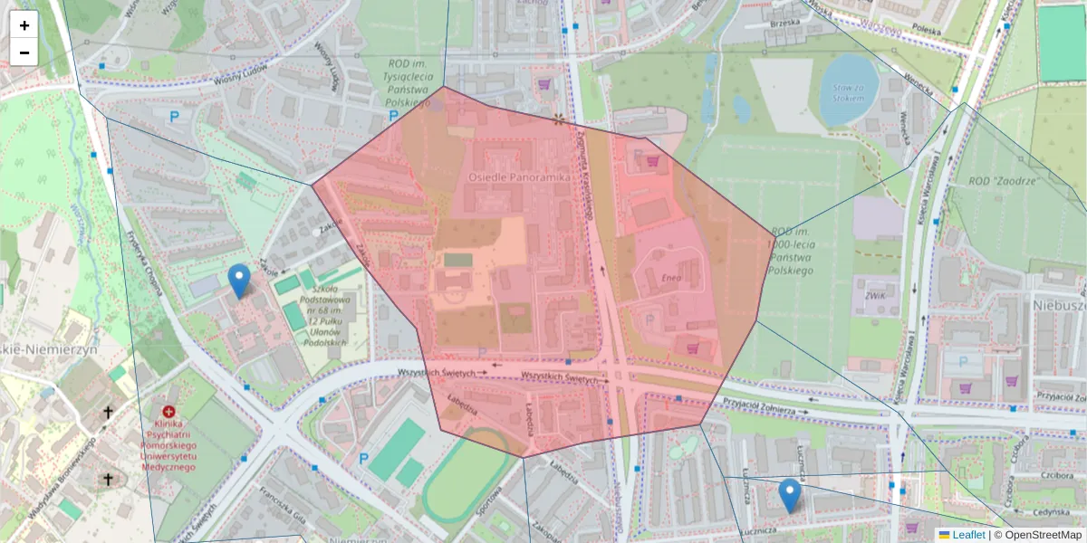 Szczegółowa mapa kodu pocztowego 71-447 z granicami, sąsiednimi kodami pocztowymi i urzędami pocztowymi