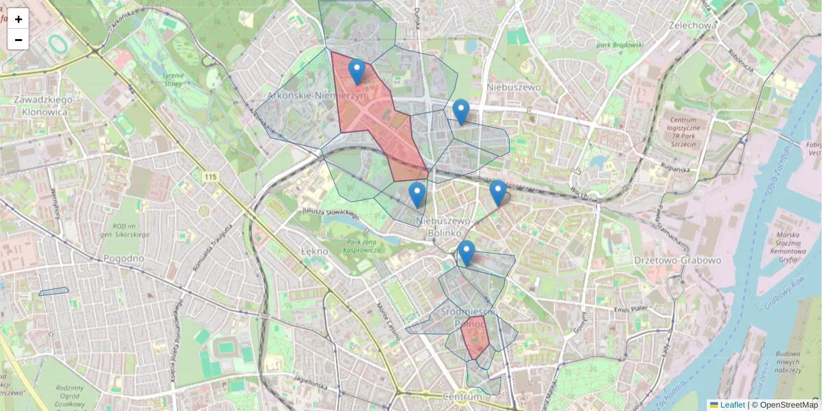 Szczegółowa mapa kodu pocztowego 71-450 z granicami, sąsiednimi kodami pocztowymi i urzędami pocztowymi
