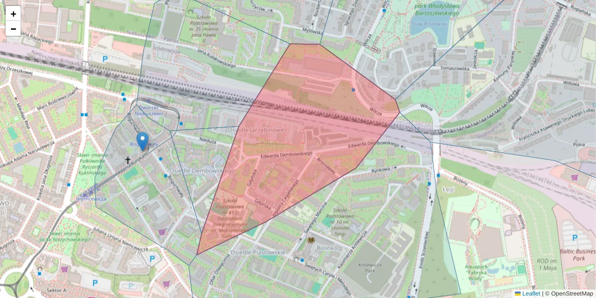 Szczegółowa mapa kodu pocztowego 71-543 z granicami, sąsiednimi kodami pocztowymi i urzędami pocztowymi