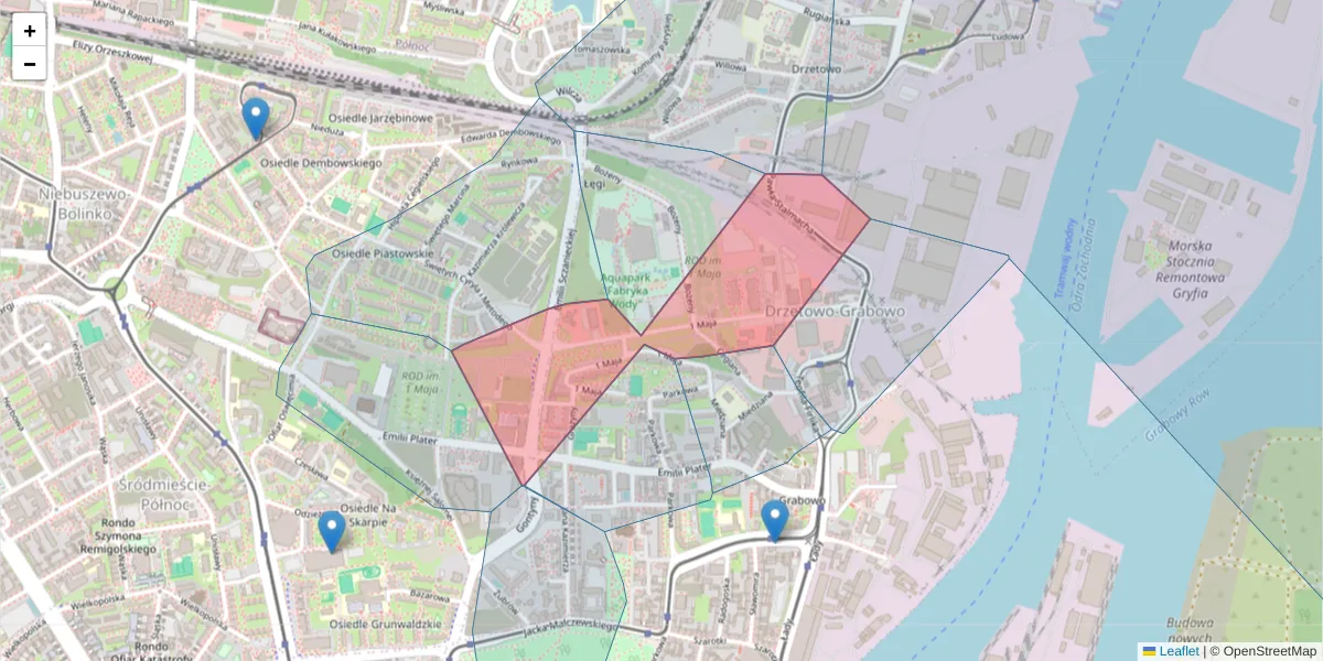 Szczegółowa mapa kodu pocztowego 71-627 z granicami, sąsiednimi kodami pocztowymi i urzędami pocztowymi