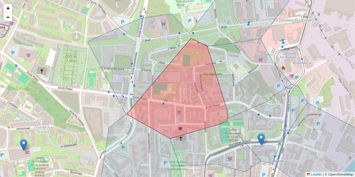 Szczegółowa mapa kodu pocztowego 71-634 z granicami, sąsiednimi kodami pocztowymi i urzędami pocztowymi