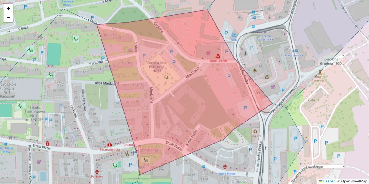 Szczegółowa mapa kodu pocztowego 71-636 z granicami, sąsiednimi kodami pocztowymi i urzędami pocztowymi