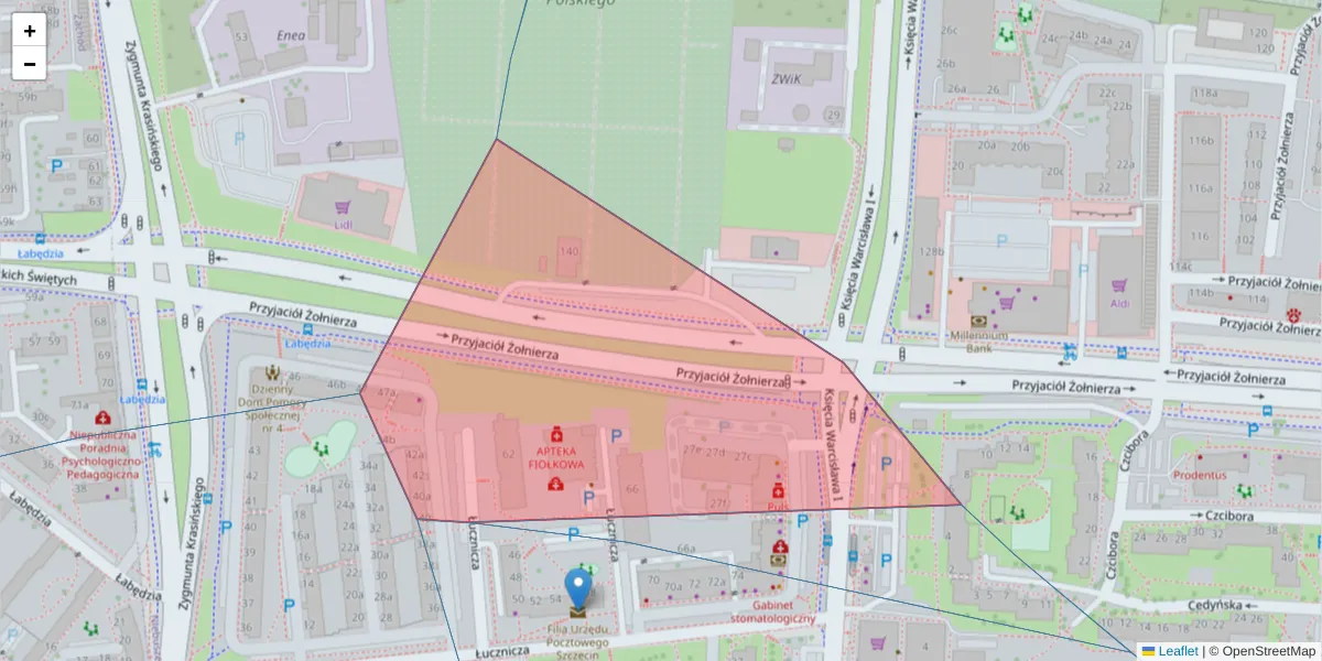 Szczegółowa mapa kodu pocztowego 71-667 z granicami, sąsiednimi kodami pocztowymi i urzędami pocztowymi