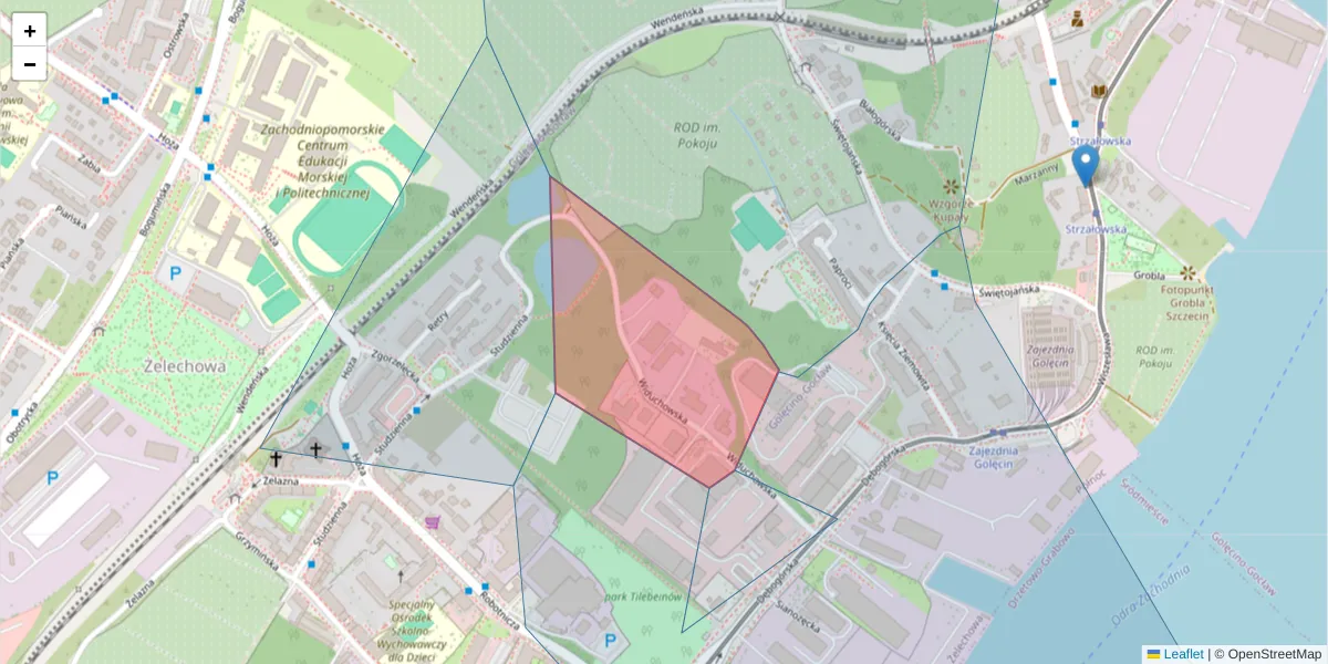 Szczegółowa mapa kodu pocztowego 71-718 z granicami, sąsiednimi kodami pocztowymi i urzędami pocztowymi