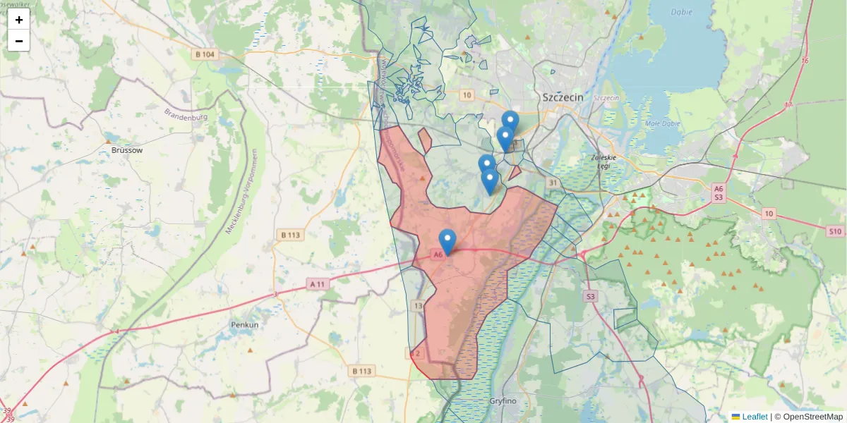 Szczegółowa mapa kodu pocztowego 72-001 z granicami, sąsiednimi kodami pocztowymi i urzędami pocztowymi