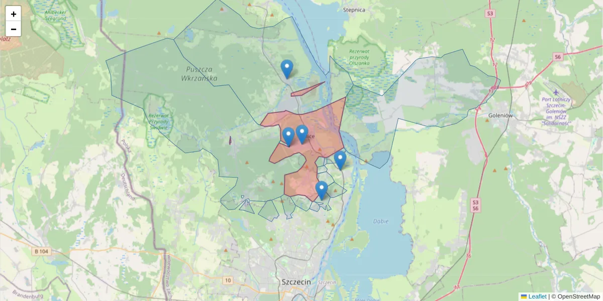 Szczegółowa mapa kodu pocztowego 72-010 z granicami, sąsiednimi kodami pocztowymi i urzędami pocztowymi