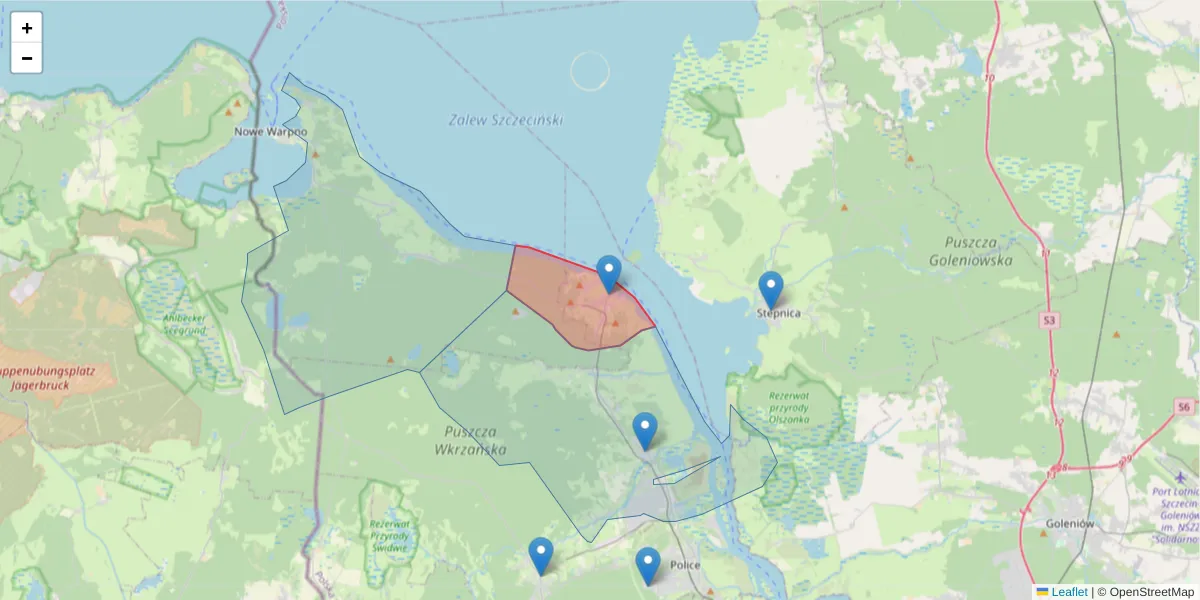 Szczegółowa mapa kodu pocztowego 72-020 z granicami, sąsiednimi kodami pocztowymi i urzędami pocztowymi