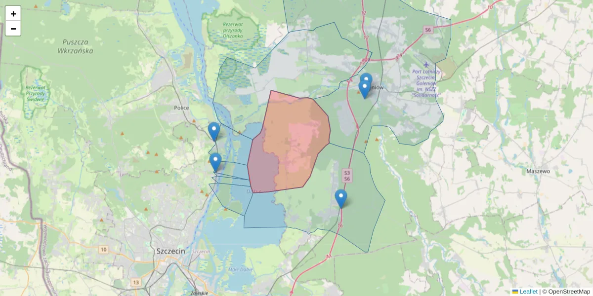 Szczegółowa mapa kodu pocztowego 72-105 z granicami, sąsiednimi kodami pocztowymi i urzędami pocztowymi