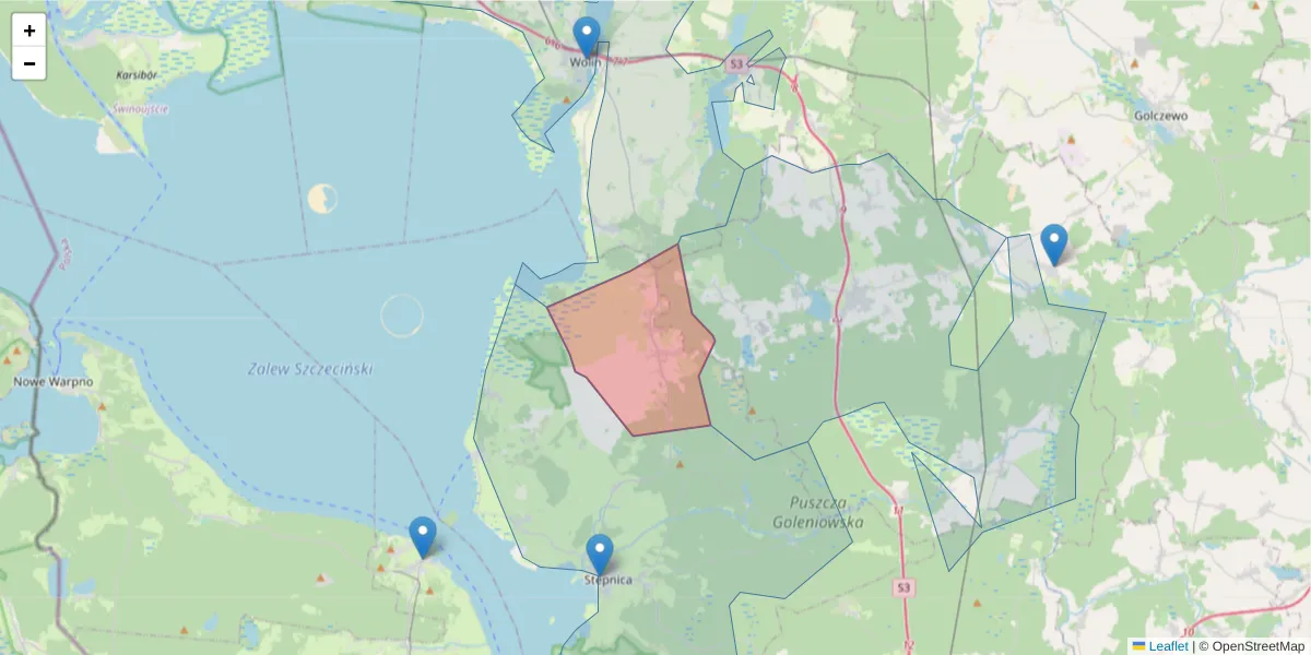 Szczegółowa mapa kodu pocztowego 72-111 z granicami, sąsiednimi kodami pocztowymi i urzędami pocztowymi