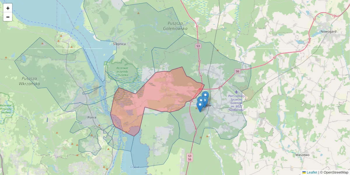 Szczegółowa mapa kodu pocztowego 72-113 z granicami, sąsiednimi kodami pocztowymi i urzędami pocztowymi