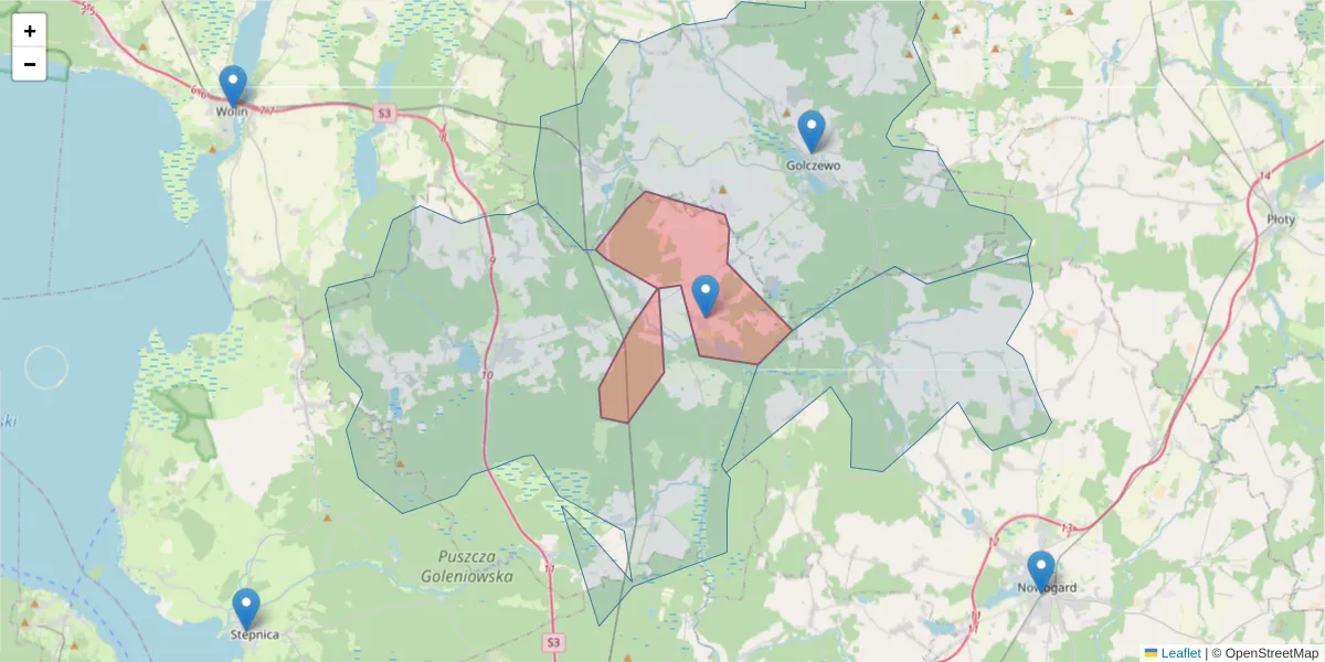 Szczegółowa mapa kodu pocztowego 72-121 z granicami, sąsiednimi kodami pocztowymi i urzędami pocztowymi