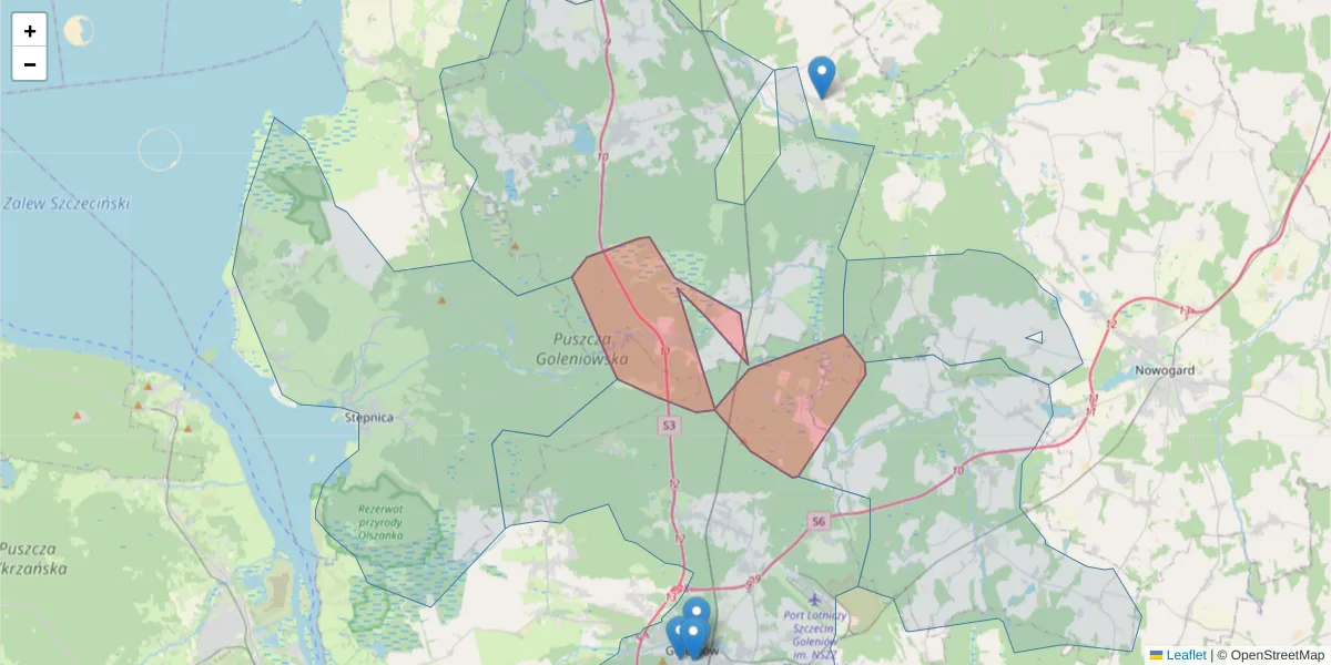 Szczegółowa mapa kodu pocztowego 72-122 z granicami, sąsiednimi kodami pocztowymi i urzędami pocztowymi