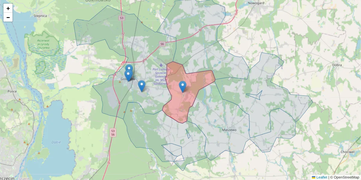 Szczegółowa mapa kodu pocztowego 72-132 z granicami, sąsiednimi kodami pocztowymi i urzędami pocztowymi