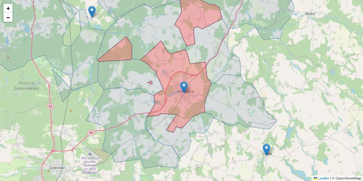 Szczegółowa mapa kodu pocztowego 72-200 z granicami, sąsiednimi kodami pocztowymi i urzędami pocztowymi