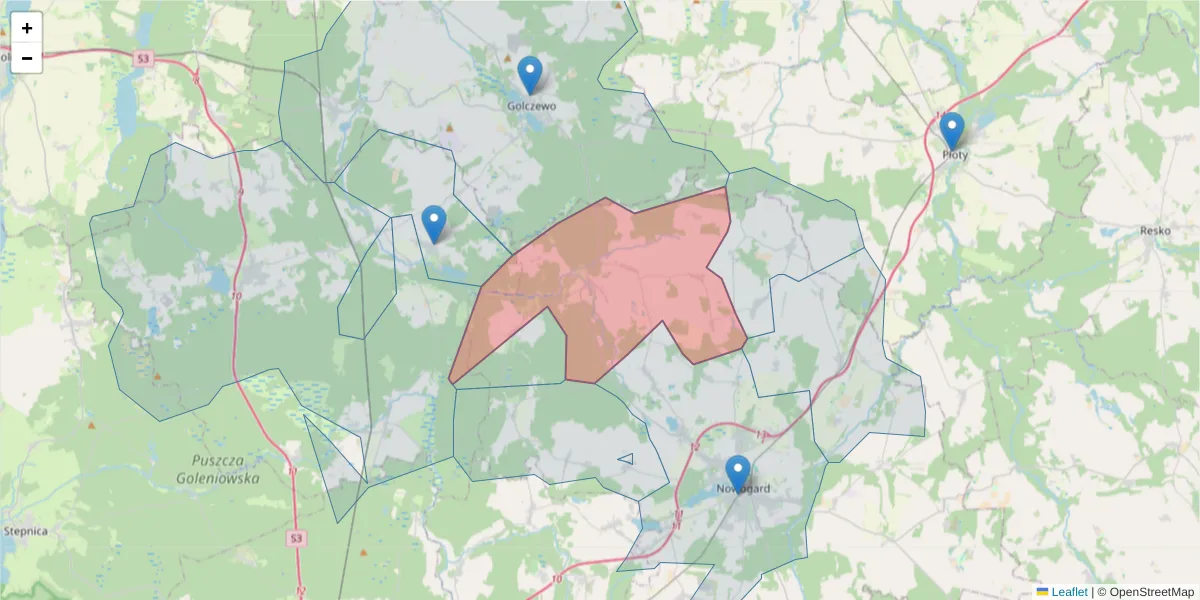 Szczegółowa mapa kodu pocztowego 72-205 z granicami, sąsiednimi kodami pocztowymi i urzędami pocztowymi