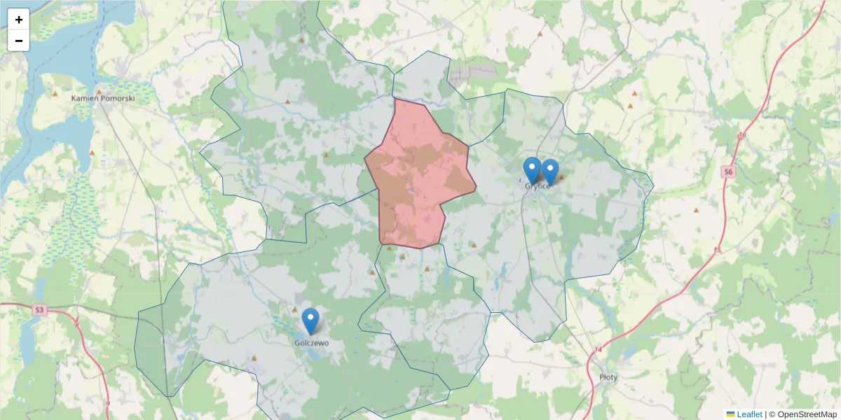 Szczegółowa mapa kodu pocztowego 72-307 z granicami, sąsiednimi kodami pocztowymi i urzędami pocztowymi