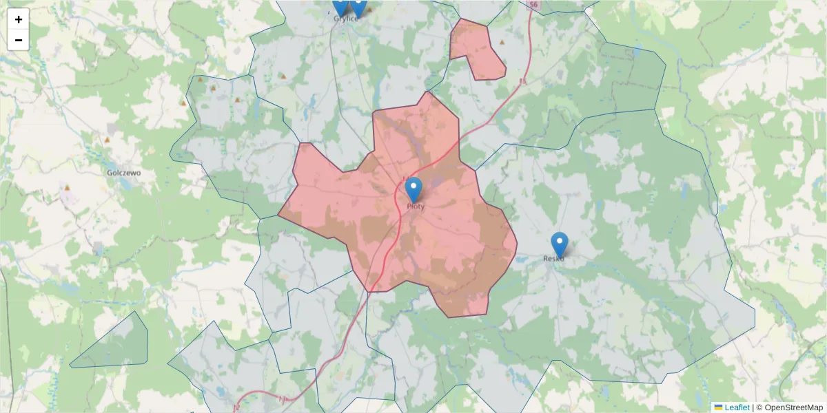 Szczegółowa mapa kodu pocztowego 72-310 z granicami, sąsiednimi kodami pocztowymi i urzędami pocztowymi