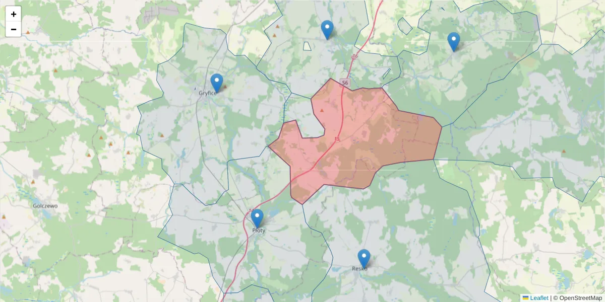 Szczegółowa mapa kodu pocztowego 72-311 z granicami, sąsiednimi kodami pocztowymi i urzędami pocztowymi