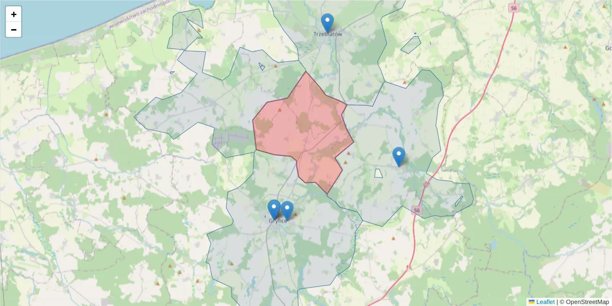 Szczegółowa mapa kodu pocztowego 72-313 z granicami, sąsiednimi kodami pocztowymi i urzędami pocztowymi