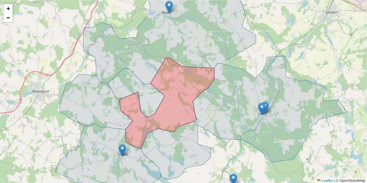Szczegółowa mapa kodu pocztowego 72-314 z granicami, sąsiednimi kodami pocztowymi i urzędami pocztowymi
