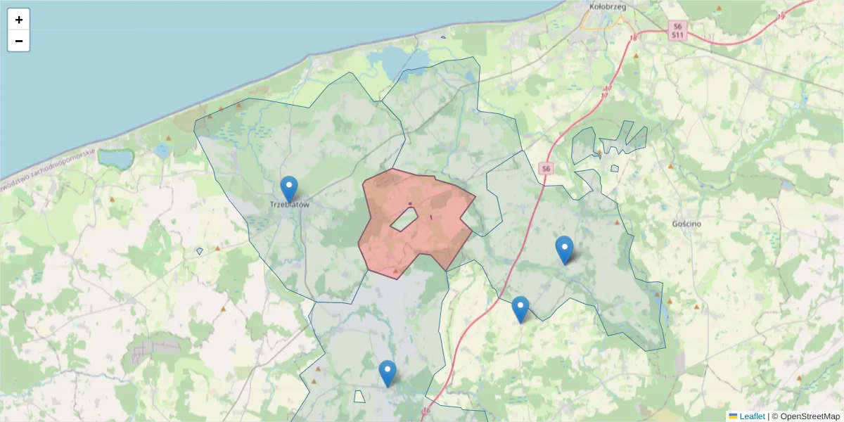 Szczegółowa mapa kodu pocztowego 72-332 z granicami, sąsiednimi kodami pocztowymi i urzędami pocztowymi