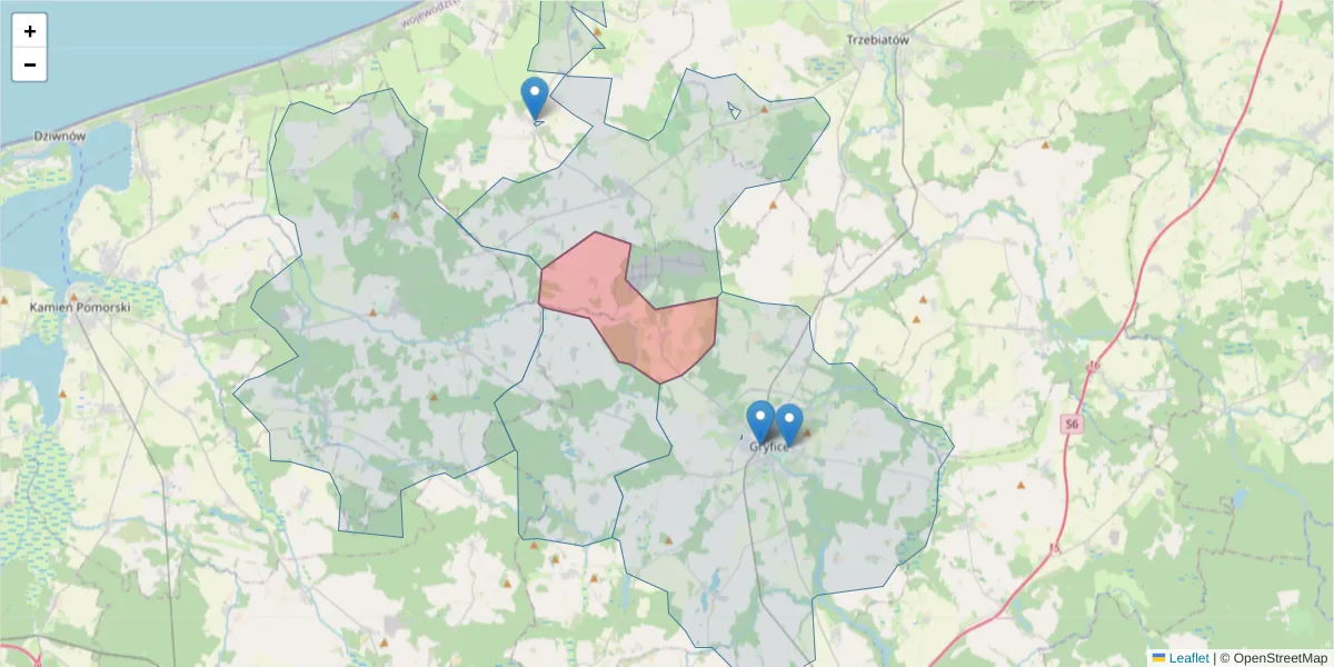 Szczegółowa mapa kodu pocztowego 72-341 z granicami, sąsiednimi kodami pocztowymi i urzędami pocztowymi