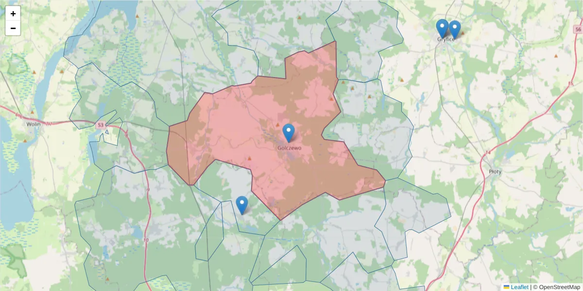 Szczegółowa mapa kodu pocztowego 72-410 z granicami, sąsiednimi kodami pocztowymi i urzędami pocztowymi