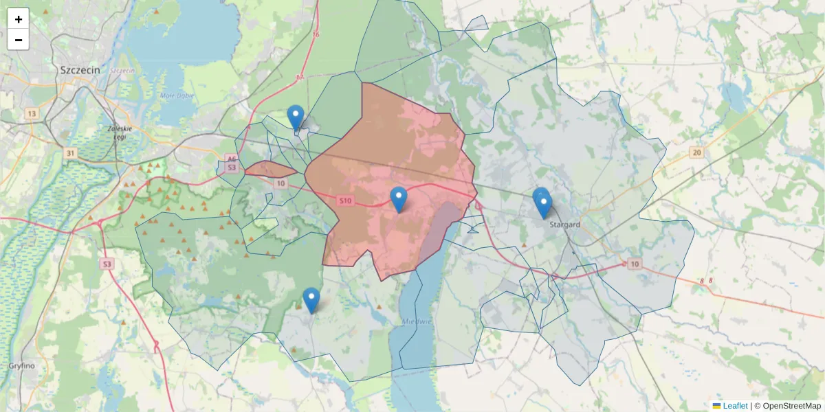 Szczegółowa mapa kodu pocztowego 73-108 z granicami, sąsiednimi kodami pocztowymi i urzędami pocztowymi