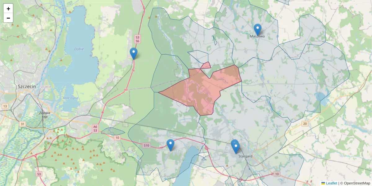 Szczegółowa mapa kodu pocztowego 73-109 z granicami, sąsiednimi kodami pocztowymi i urzędami pocztowymi