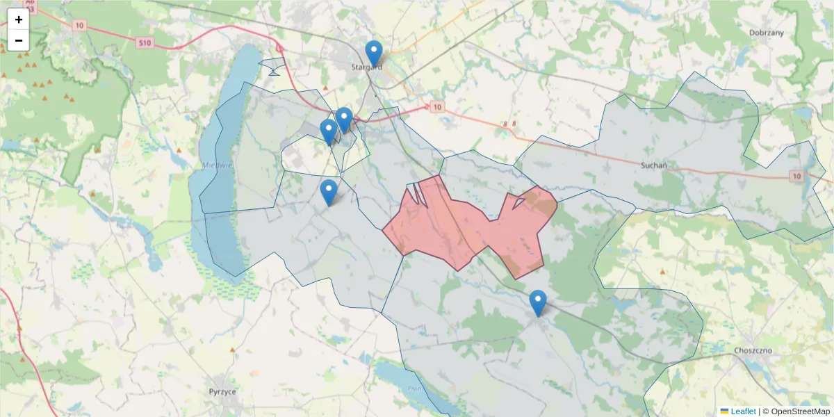 Szczegółowa mapa kodu pocztowego 73-116 z granicami, sąsiednimi kodami pocztowymi i urzędami pocztowymi
