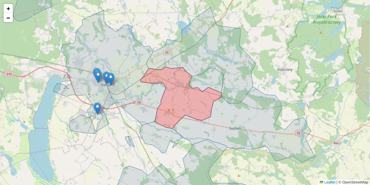 Szczegółowa mapa kodu pocztowego 73-131 z granicami, sąsiednimi kodami pocztowymi i urzędami pocztowymi