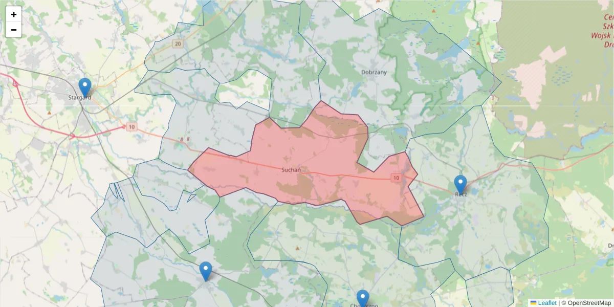 Szczegółowa mapa kodu pocztowego 73-132 z granicami, sąsiednimi kodami pocztowymi i urzędami pocztowymi