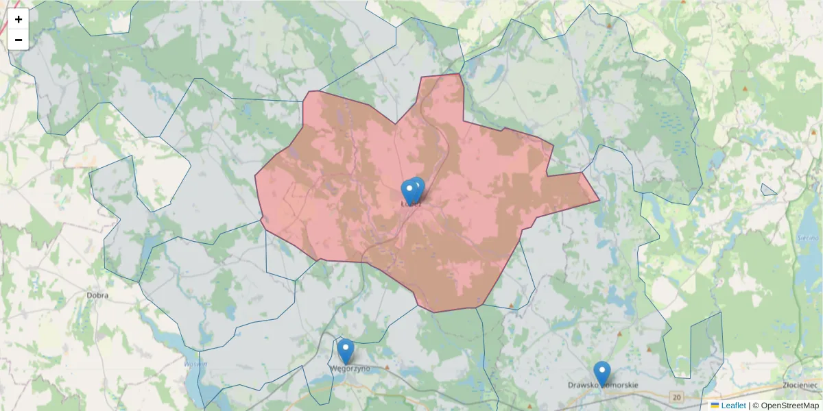 Szczegółowa mapa kodu pocztowego 73-150 z granicami, sąsiednimi kodami pocztowymi i urzędami pocztowymi
