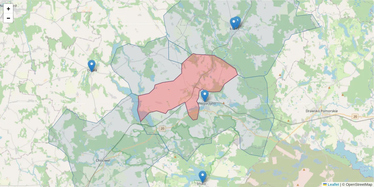 Szczegółowa mapa kodu pocztowego 73-151 z granicami, sąsiednimi kodami pocztowymi i urzędami pocztowymi