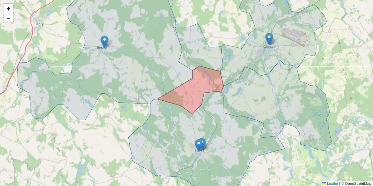 Szczegółowa mapa kodu pocztowego 73-153 z granicami, sąsiednimi kodami pocztowymi i urzędami pocztowymi