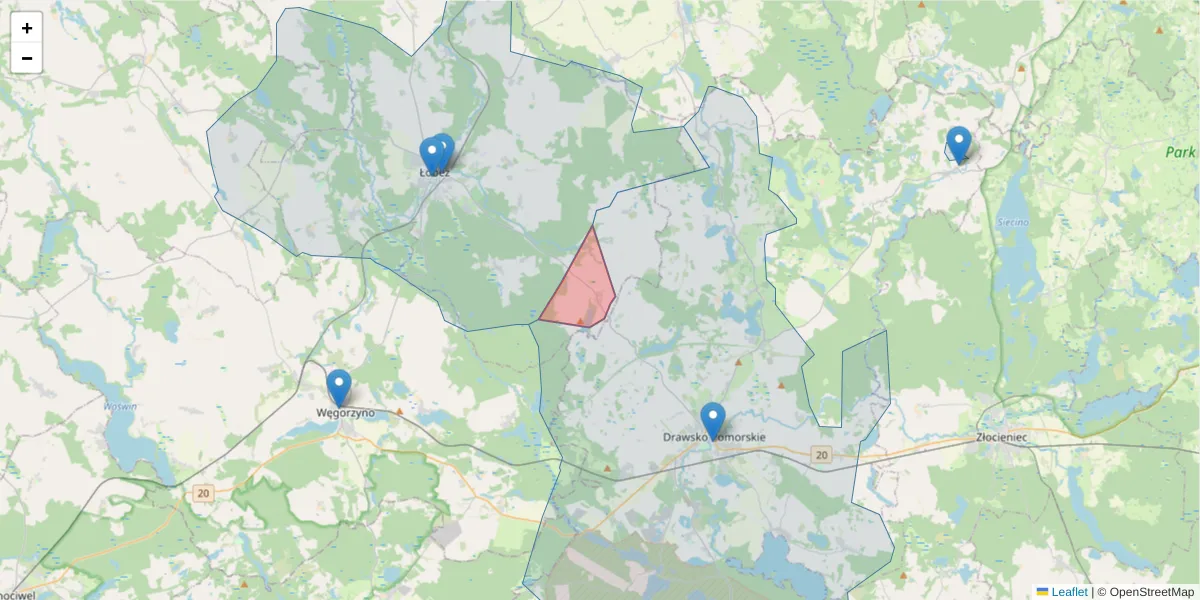 Szczegółowa mapa kodu pocztowego 73-154 z granicami, sąsiednimi kodami pocztowymi i urzędami pocztowymi