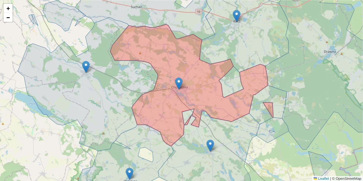 Szczegółowa mapa kodu pocztowego 73-200 z granicami, sąsiednimi kodami pocztowymi i urzędami pocztowymi