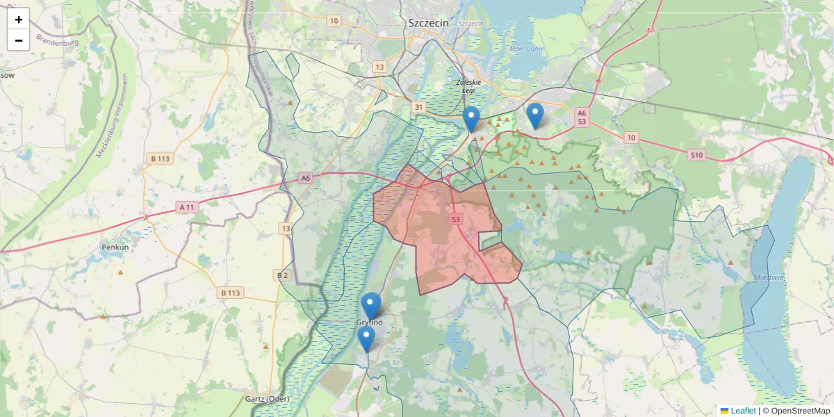 Szczegółowa mapa kodu pocztowego 74-107 z granicami, sąsiednimi kodami pocztowymi i urzędami pocztowymi