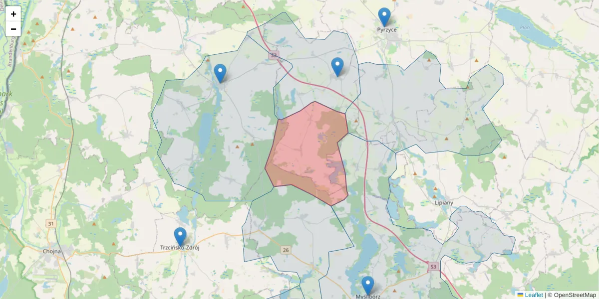 Szczegółowa mapa kodu pocztowego 74-205 z granicami, sąsiednimi kodami pocztowymi i urzędami pocztowymi