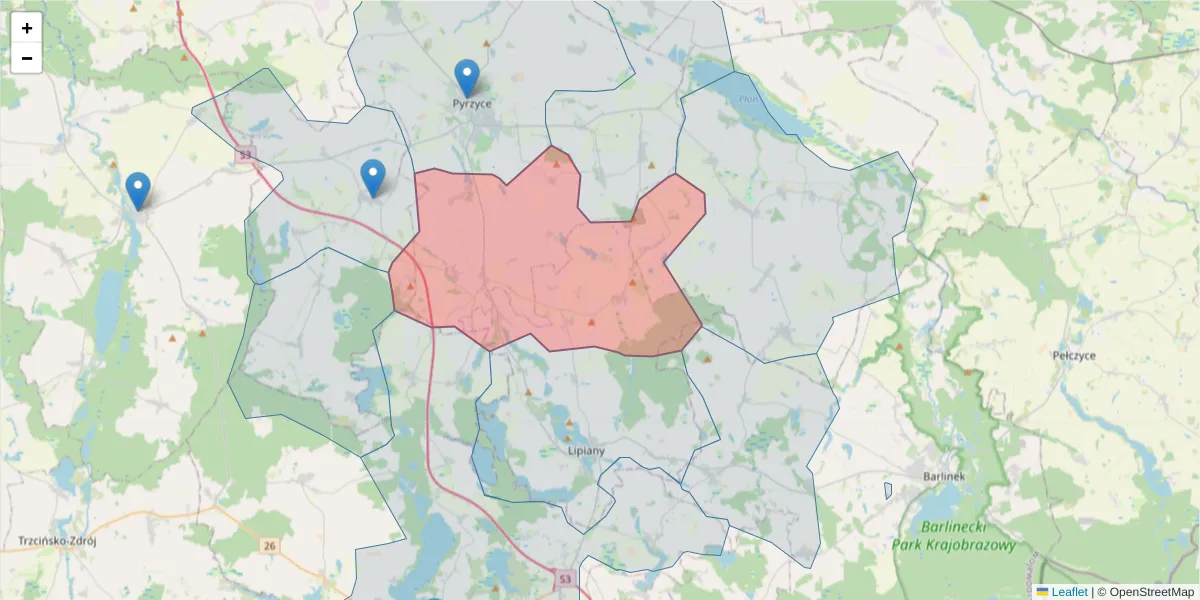 Szczegółowa mapa kodu pocztowego 74-230 z granicami, sąsiednimi kodami pocztowymi i urzędami pocztowymi