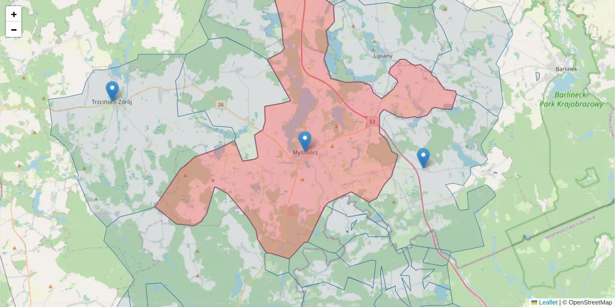 Szczegółowa mapa kodu pocztowego 74-300 z granicami, sąsiednimi kodami pocztowymi i urzędami pocztowymi