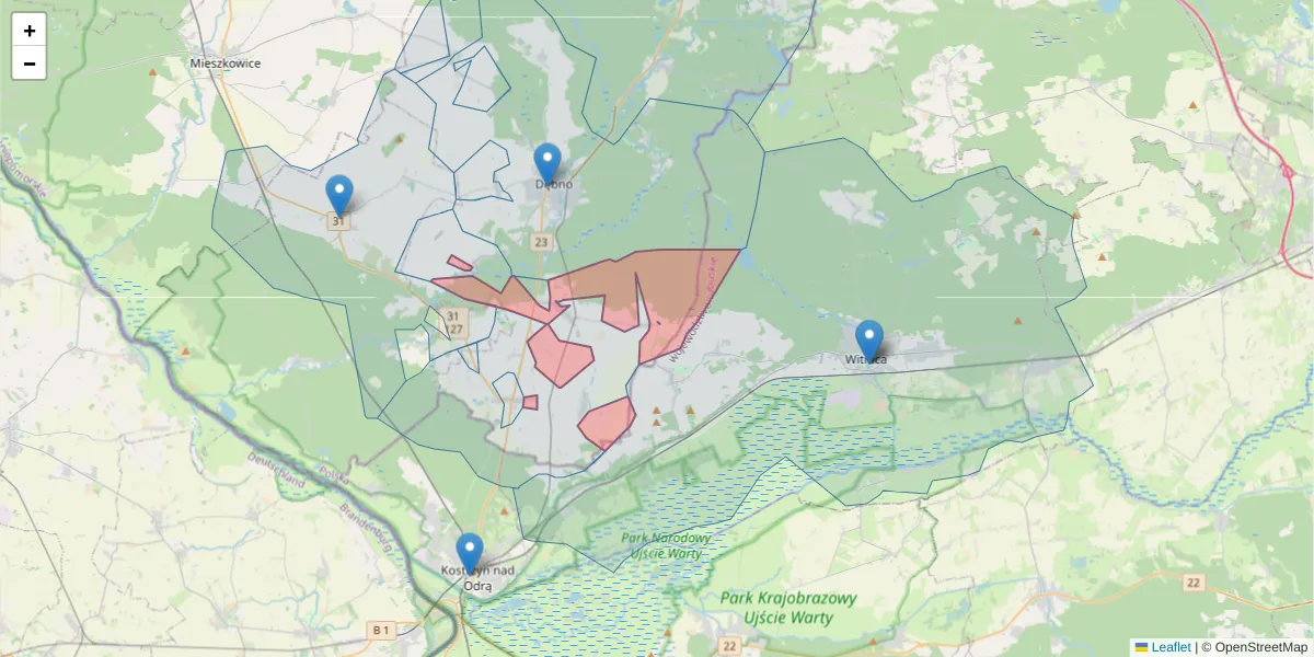 Szczegółowa mapa kodu pocztowego 74-404 z granicami, sąsiednimi kodami pocztowymi i urzędami pocztowymi