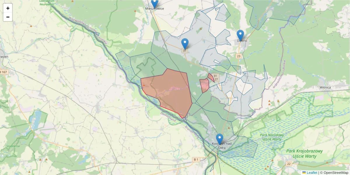Szczegółowa mapa kodu pocztowego 74-406 z granicami, sąsiednimi kodami pocztowymi i urzędami pocztowymi
