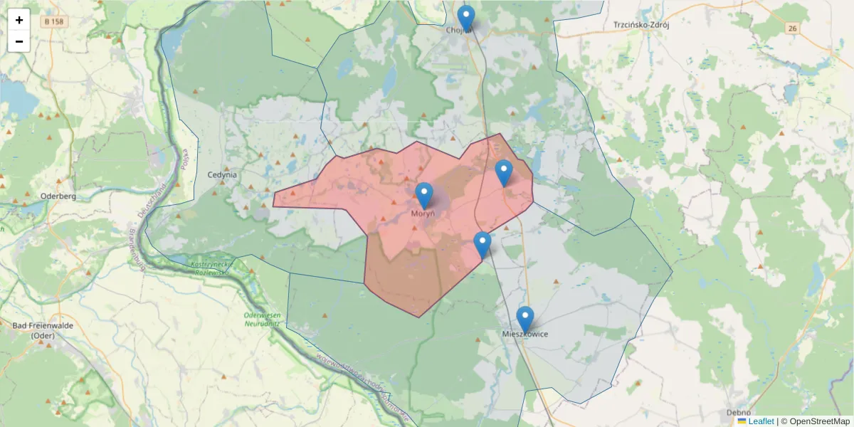 Szczegółowa mapa kodu pocztowego 74-503 z granicami, sąsiednimi kodami pocztowymi i urzędami pocztowymi