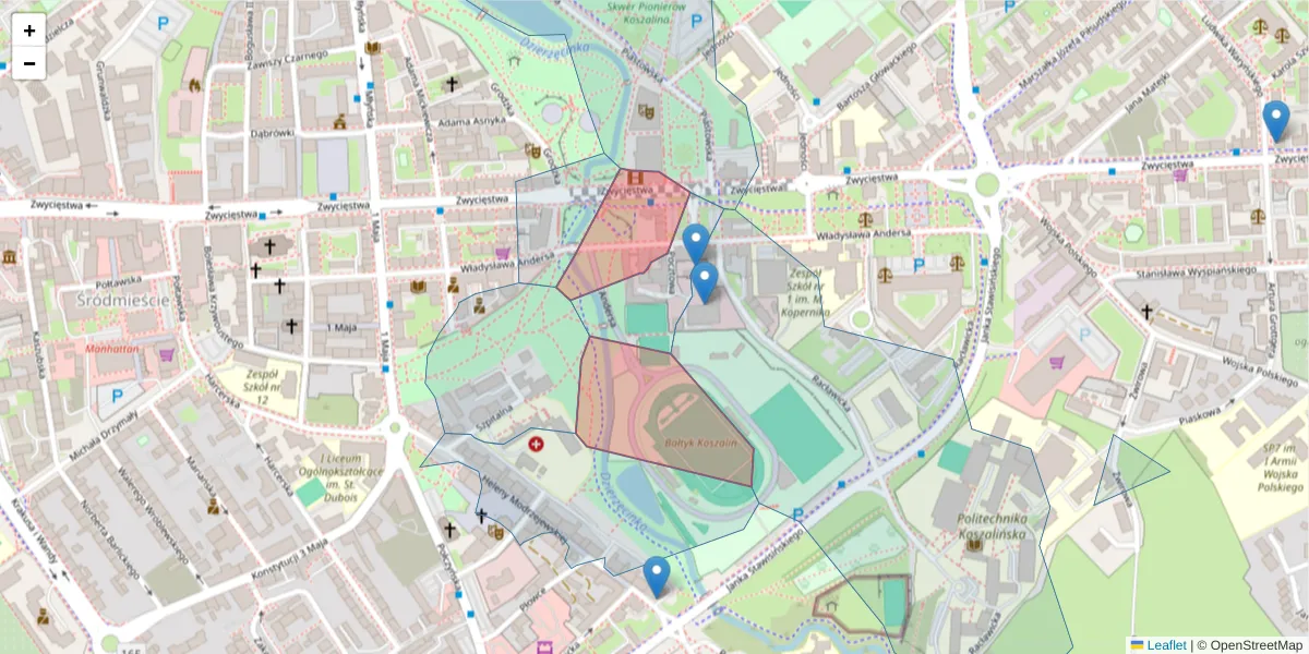 Szczegółowa mapa kodu pocztowego 75-015 z granicami, sąsiednimi kodami pocztowymi i urzędami pocztowymi