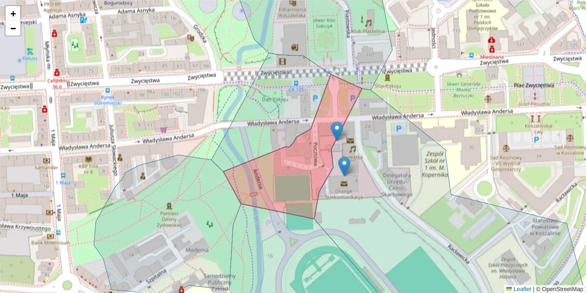 Szczegółowa mapa kodu pocztowego 75-017 z granicami, sąsiednimi kodami pocztowymi i urzędami pocztowymi