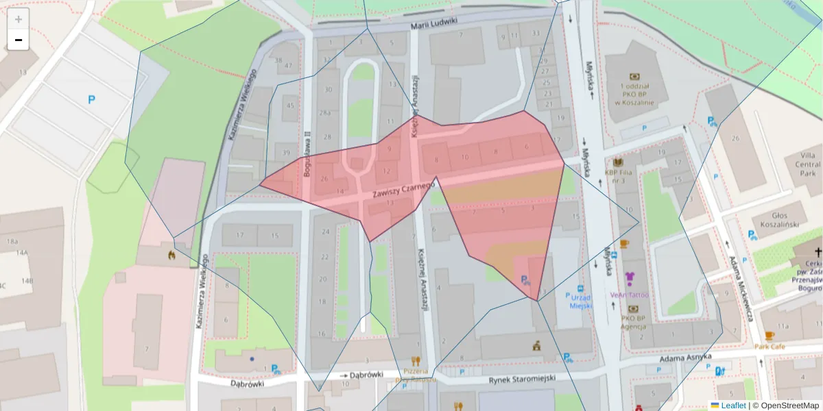Szczegółowa mapa kodu pocztowego 75-051 z granicami, sąsiednimi kodami pocztowymi i urzędami pocztowymi